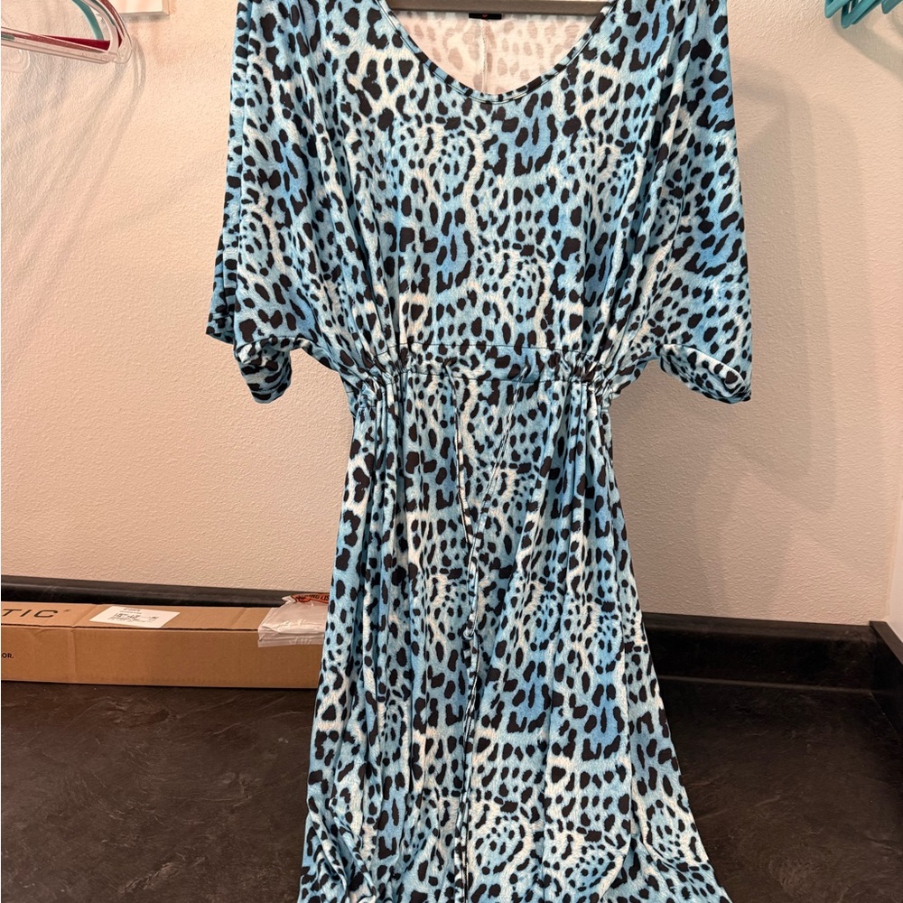 Blue and White V-Neck Dolman Sleeve Midi Sundress/ Swim Cover
